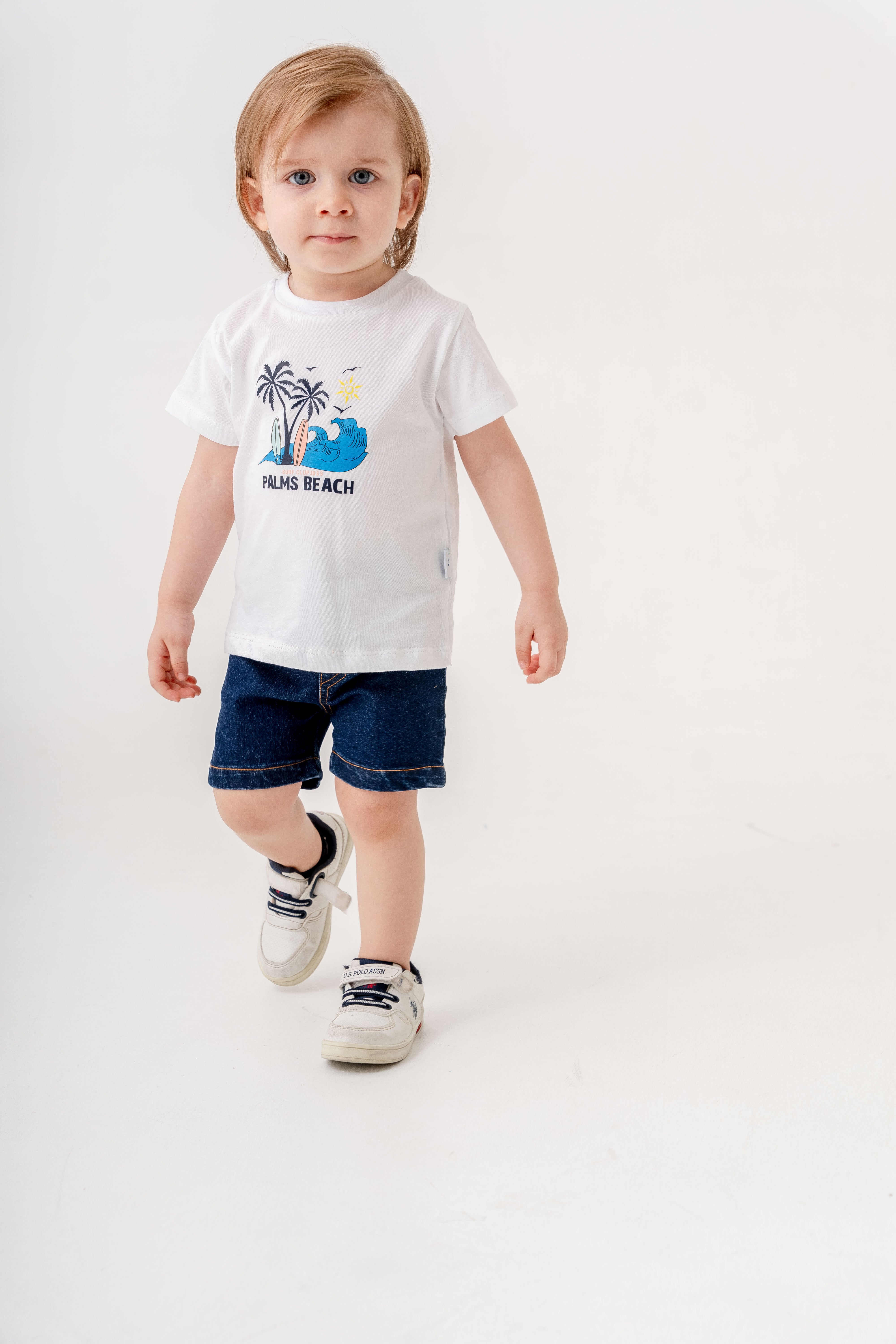 Erkek Bebek Yazlık Palms Beach Gömlekli Denim Şort Takım 3’lü Kombin 9-24 Ay